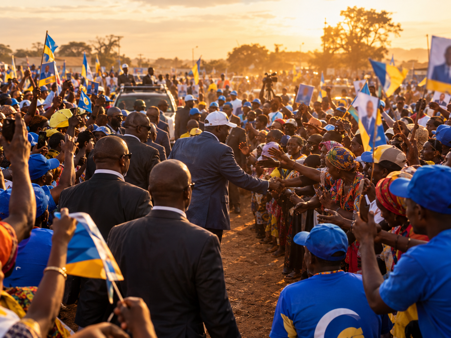 Political candidate walking through a crowd of supporters during a campaign tour