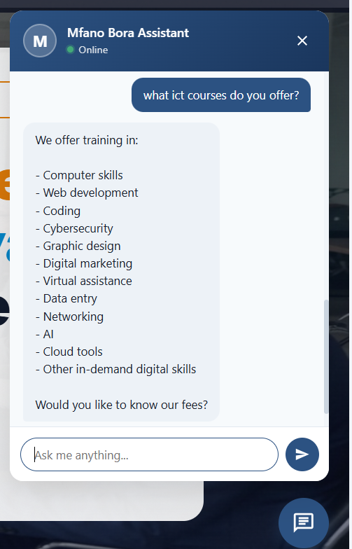 Chatbot listing the ICT Hub courses offered by Mfano Bora Africa