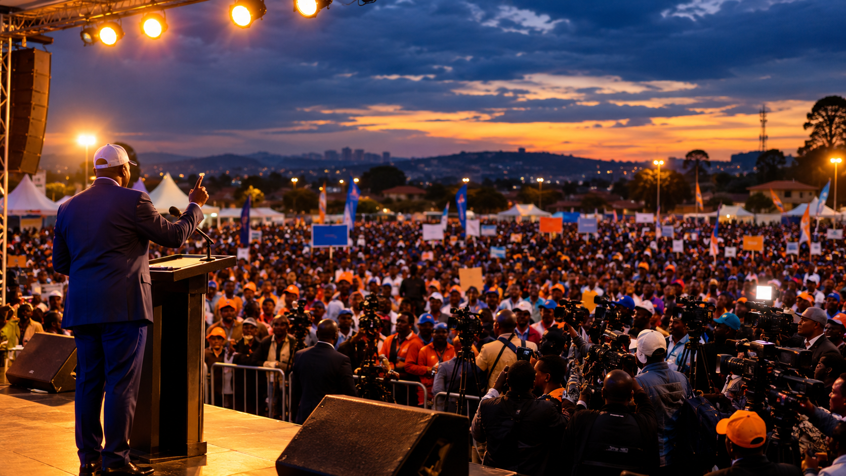 Crowded public campaign event with a speaker addressing supporters